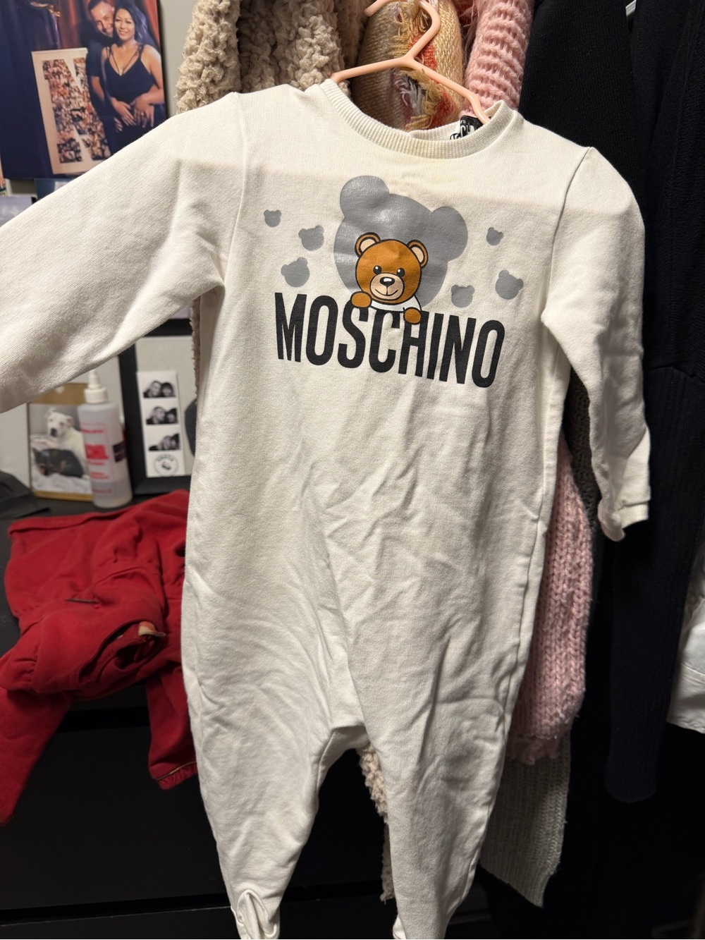Moschino Kids Cream Teddy Logo Footed One-Piece